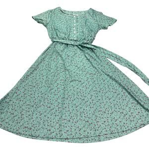VTG Haband for Her Mint Green Floral Midi Dress, Elastic Waist and Tie, Size S